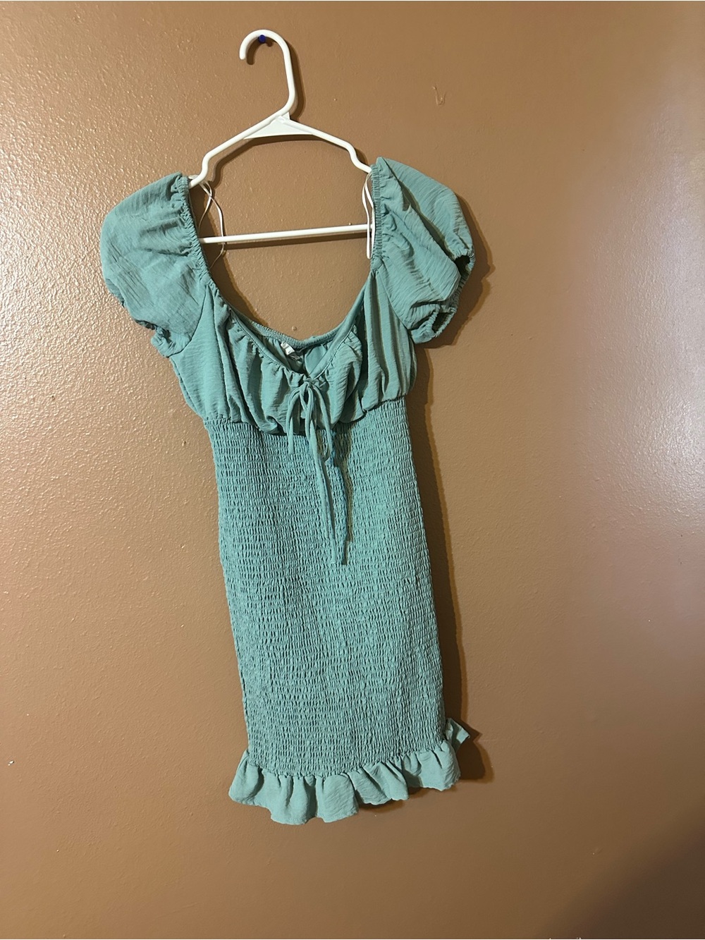 Smocked Puff Sleeve Mini Dress in Sage Green
